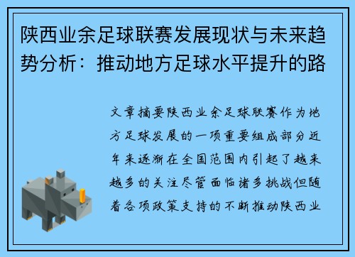 陕西业余足球联赛发展现状与未来趋势分析：推动地方足球水平提升的路径探讨