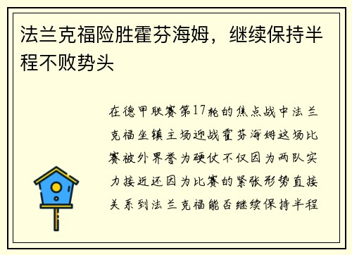 法兰克福险胜霍芬海姆，继续保持半程不败势头