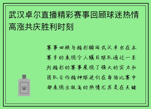 武汉卓尔直播精彩赛事回顾球迷热情高涨共庆胜利时刻