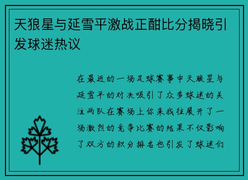 天狼星与延雪平激战正酣比分揭晓引发球迷热议